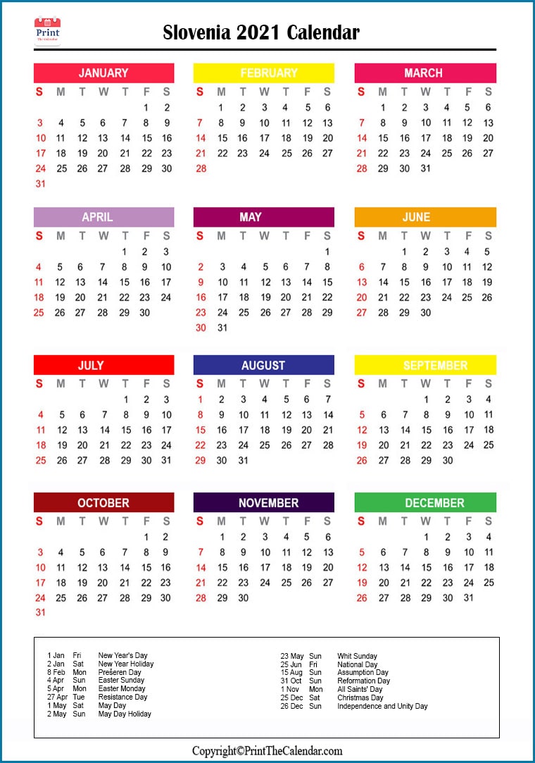 Slovenia Printable Calendar 2021